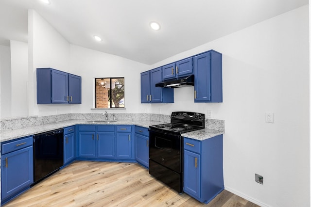 6325 Brookhaven Trl, Fort Worth, TX 76133 - kitchen with black appliances, under cabinet range hood, vaulted ceiling, light wood-style floors, and blue cabinets