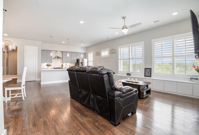 770 N Plano Rd Unit 202, Richardson, TX 75081 - living room featuring ceiling fan, dark wood finished floors, and recessed lighting