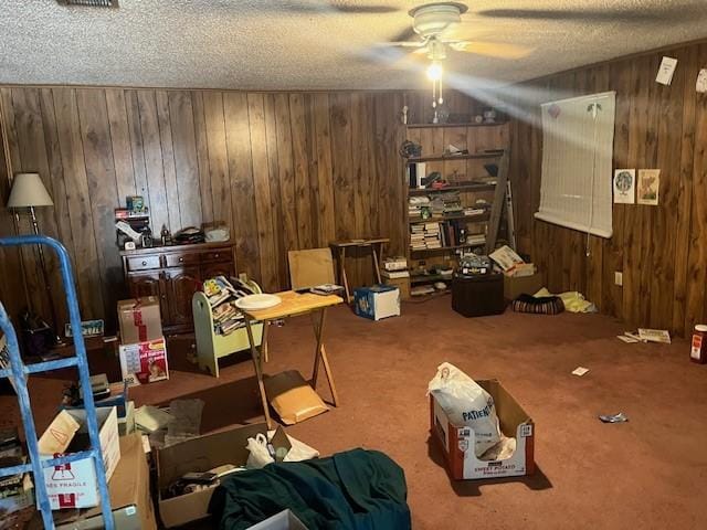 3315 County Road 188, Stephenville, TX 76401 - interior space with wooden walls, ceiling fan, carpet, and a textured ceiling