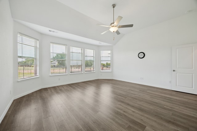 2819 Grand Lookout Ln, Arlington, TX 76001 - empty room featuring ceiling fan, dark wood-type flooring, and high vaulted ceiling