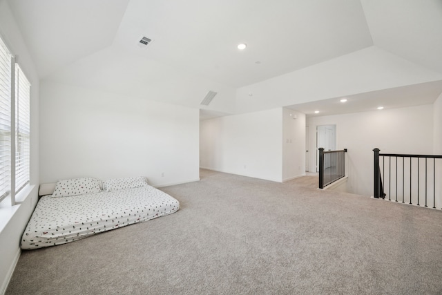 2819 Grand Lookout Ln, Arlington, TX 76001 - unfurnished room with an upstairs landing, carpet floors, lofted ceiling, and recessed lighting