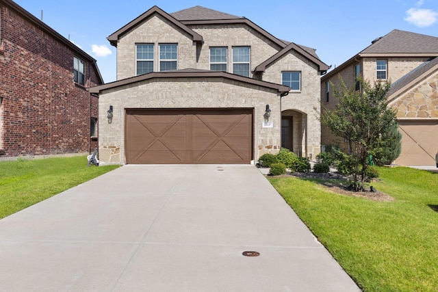 18137 Lakefront Ct, Forney, TX 75126 - french country inspired facade with a front lawn, concrete driveway, and brick siding