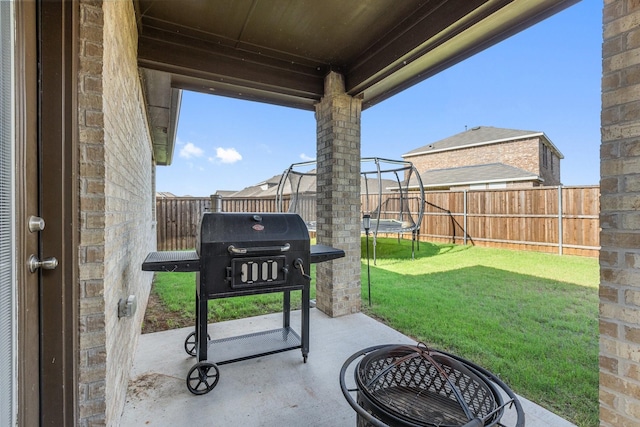 18137 Lakefront Ct, Forney, TX 75126 - fenced backyard with a trampoline, a patio area, and a fire pit