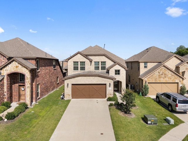 18137 Lakefront Ct, Forney, TX 75126 - french country inspired facade featuring concrete driveway, a front lawn, a garage, and brick siding