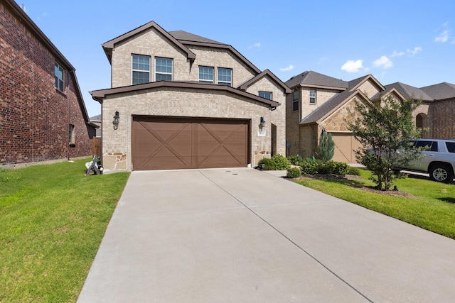 18137 Lakefront Ct, Forney, TX 75126 - view of front facade featuring a front lawn, concrete driveway, brick siding, a garage, and stone siding