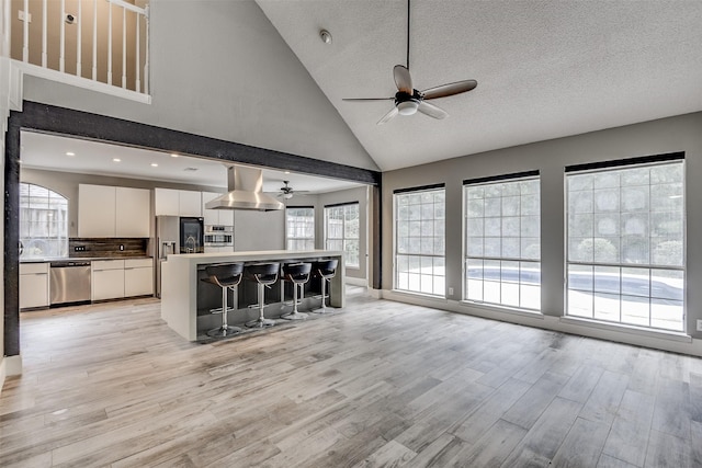 6111 Pinwood Cir, Arlington, TX 76001 - living area with a ceiling fan, high vaulted ceiling, light wood finished floors, healthy amount of natural light, and a textured ceiling