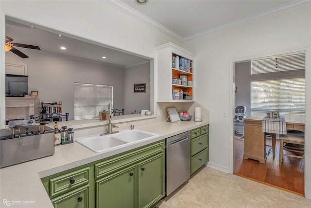 118 Otto Ln, Shreveport, LA 71105 - kitchen featuring green cabinetry, stainless steel dishwasher, crown molding, ceiling fan, and light countertops