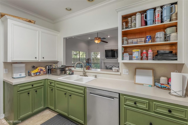 118 Otto Ln, Shreveport, LA 71105 - kitchen with dishwasher, green cabinets, white cabinets, light countertops, and ornamental molding