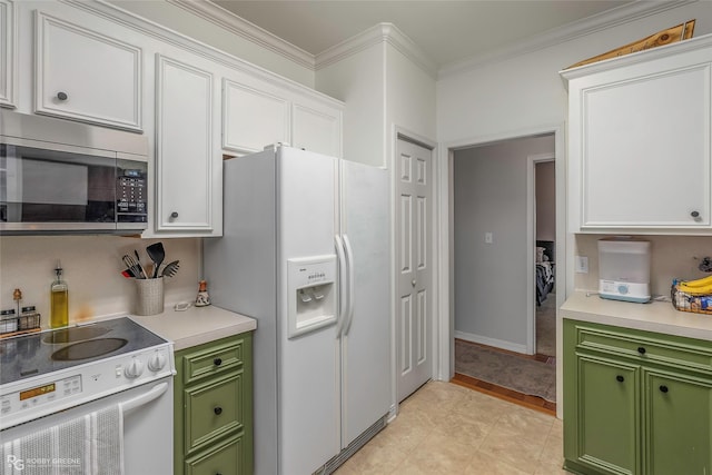 118 Otto Ln, Shreveport, LA 71105 - kitchen with white appliances, green cabinets, light countertops, crown molding, and white cabinetry