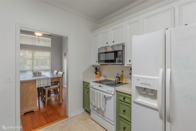 118 Otto Ln, Shreveport, LA 71105 - kitchen featuring white appliances, green cabinets, crown molding, light countertops, and white cabinetry
