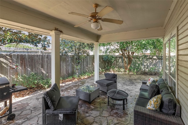 118 Otto Ln, Shreveport, LA 71105 - fenced backyard featuring an outdoor living space, a patio area, and a ceiling fan