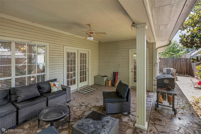 118 Otto Ln, Shreveport, LA 71105 - view of patio featuring a ceiling fan, french doors, an outdoor living space, and area for grilling