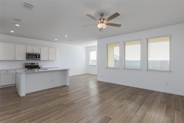 204 Post Oak St, Azle, TX 76020 - kitchen featuring stainless steel appliances, open floor plan, a ceiling fan, light countertops, and light wood-type flooring