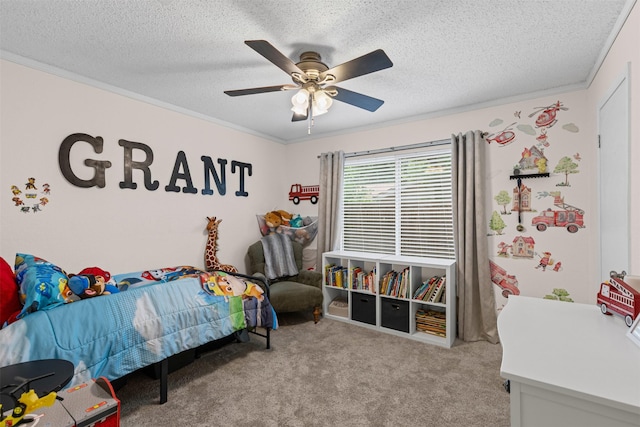6737 Oliver Dr, North Richland Hills, TX 76180 - bedroom with crown molding, a textured ceiling, carpet flooring, and ceiling fan