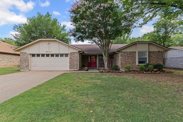 6737 Oliver Dr, North Richland Hills, TX 76180 - ranch-style home featuring an attached garage, a front lawn, driveway, brick siding, and board and batten siding