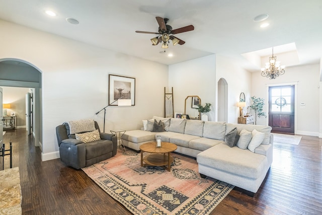 210 Walker Ct N, Waxahachie, TX 75167 - living area featuring arched walkways, dark wood finished floors, a ceiling fan, recessed lighting, and a chandelier