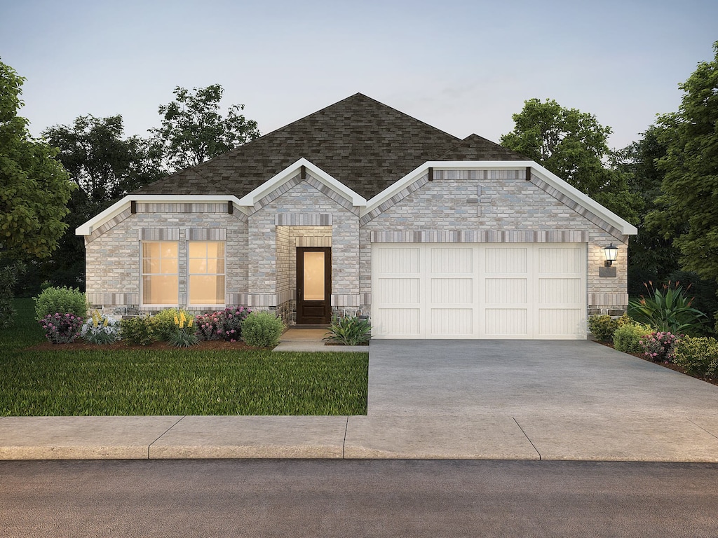520 River Ridge Drive, Princeton, TX 75071 - view of front of property with stone siding, concrete driveway, an attached garage, roof with shingles, and a front yard