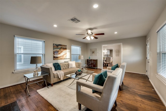 4053 Winfield Ave, Fort Worth, TX 76109 - living area with a ceiling fan, dark wood finished floors, and recessed lighting