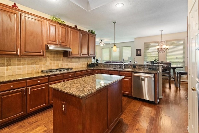 6321 Cobblestone Ln, Arlington, TX 76001 - kitchen with stainless steel appliances, under cabinet range hood, a peninsula, and dark wood-style flooring