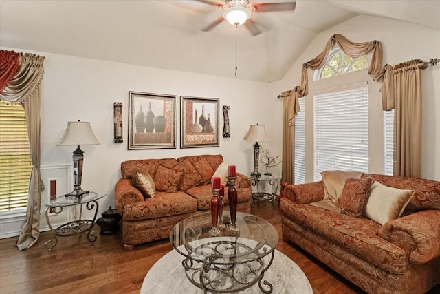 6321 Cobblestone Ln, Arlington, TX 76001 - living area featuring ceiling fan, wood finished floors, and lofted ceiling