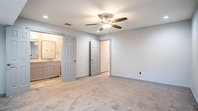 1031 Oak Hurst Dr, Grapevine, TX 76051 - unfurnished bedroom with light colored carpet, recessed lighting, ensuite bathroom, and ceiling fan