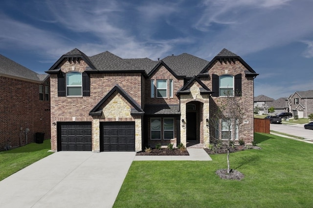 1032 Meadowlark, Forney, TX 75126 - french provincial home featuring an attached garage, a front lawn, brick siding, driveway, and roof with shingles