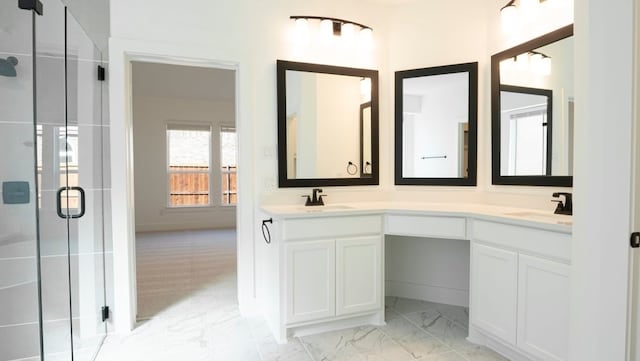 1032 Meadowlark, Forney, TX 75126 - full bathroom with marble finish floors, double vanity, and a shower stall