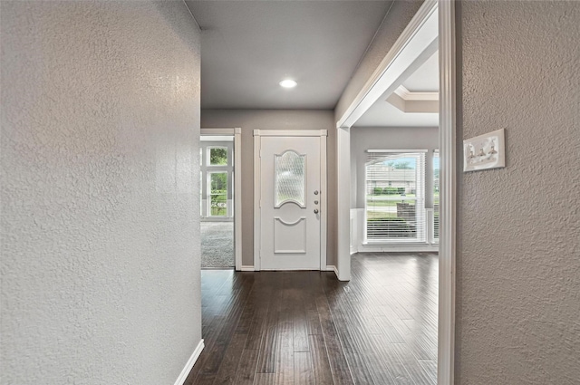 1208 Homestead St, Flower Mound, TX 75028 - foyer entrance featuring a textured wall, plenty of natural light, dark wood finished floors, and recessed lighting