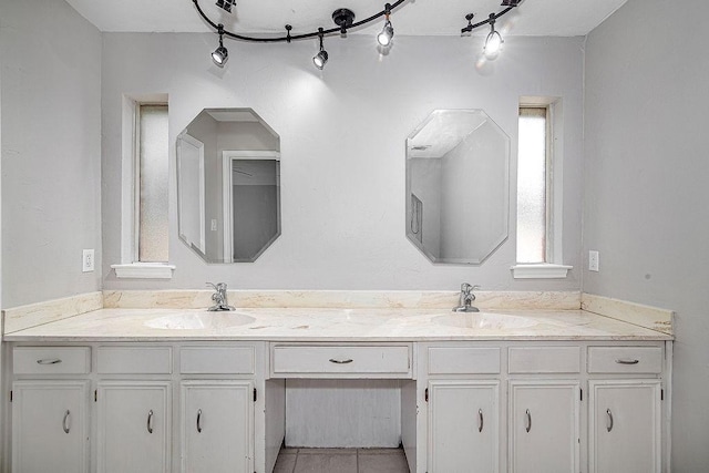 5714 Stage Line Dr, Arlington, TX 76017 - full bath with double vanity and tile patterned flooring