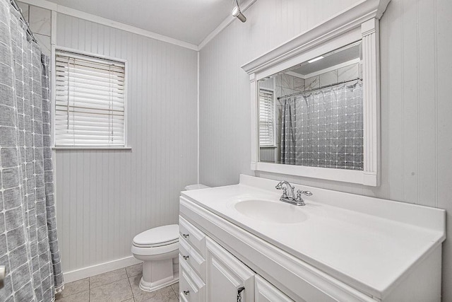 5714 Stage Line Dr, Arlington, TX 76017 - full bathroom featuring ornamental molding, vanity, tile patterned flooring, and a shower with curtain