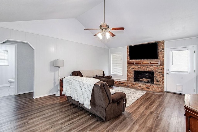 5714 Stage Line Dr, Arlington, TX 76017 - living room with wood finished floors, a ceiling fan, vaulted ceiling, and plenty of natural light
