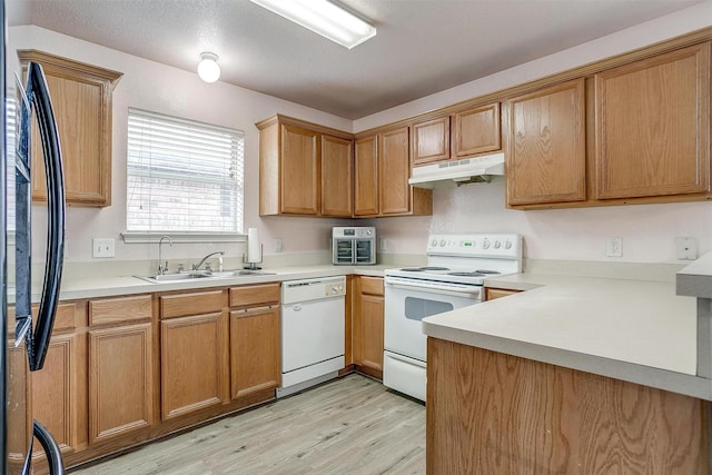 953 Mesa Vista Dr, Crowley, TX 76036 - kitchen with white appliances, under cabinet range hood, light wood-style floors, light countertops, and brown cabinets