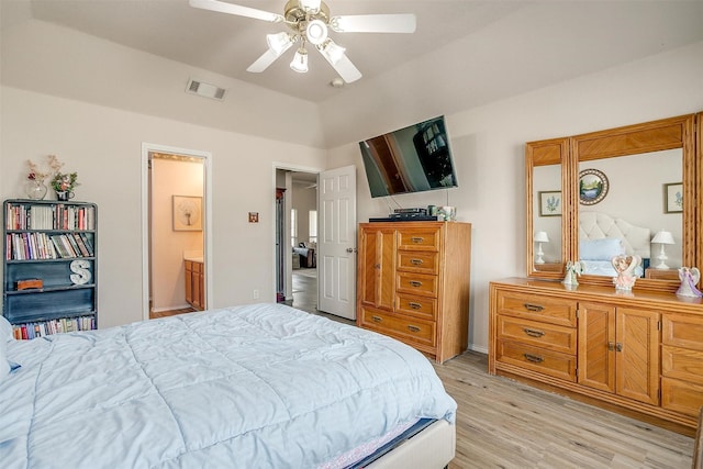 953 Mesa Vista Dr, Crowley, TX 76036 - bedroom with light wood-style floors, ensuite bathroom, and a ceiling fan