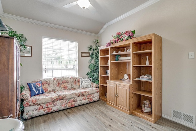 953 Mesa Vista Dr, Crowley, TX 76036 - living area with light wood-style floors, crown molding, and a ceiling fan
