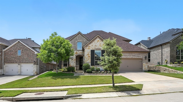 1312 Bluebell Ave, Lantana, TX 76226 - french country inspired facade featuring stone siding, concrete driveway, a front yard, and a shingled roof