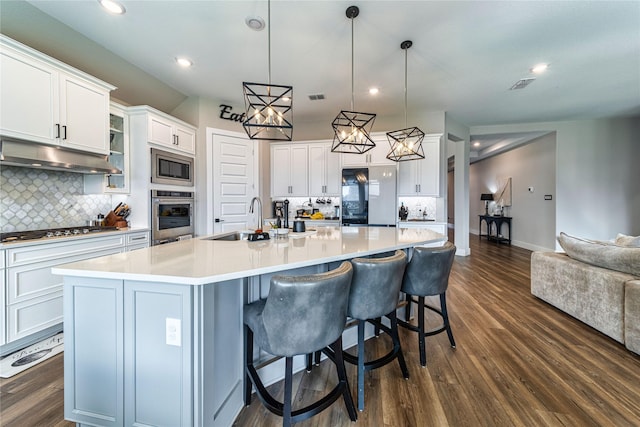 3604 Chapman Cir, Rowlett, TX 75089 - kitchen with appliances with stainless steel finishes, under cabinet range hood, decorative backsplash, dark wood-style flooring, and recessed lighting