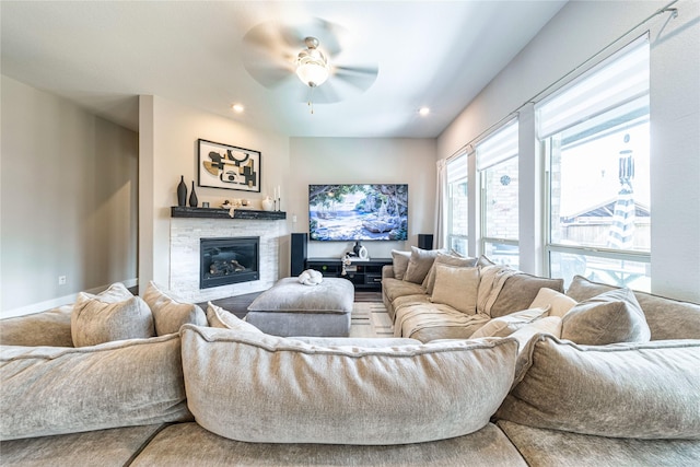 3604 Chapman Cir, Rowlett, TX 75089 - living room with a fireplace, ceiling fan, and recessed lighting