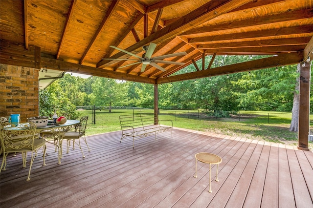 4645 Pecan Place Dr, Mckinney, TX 75071 - wooden deck featuring a fenced backyard, a ceiling fan, and outdoor dining space