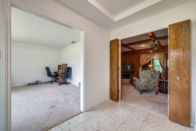 4645 Pecan Place Dr, Mckinney, TX 75071 - hallway with carpet floors, a desk, coffered ceiling, and beam ceiling