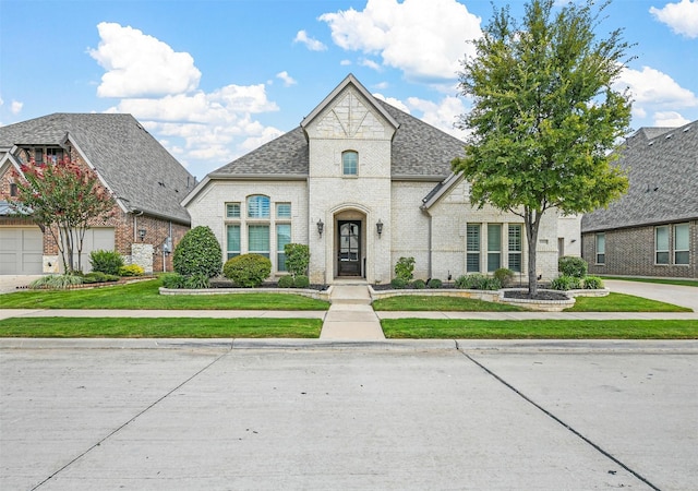 5705 Heron Dr E, Colleyville, TX 76034 - french country home featuring brick siding, a front lawn, and roof with shingles