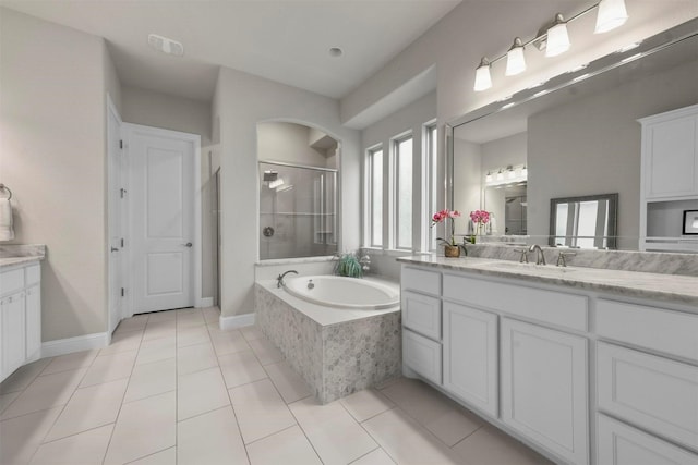 5705 Heron Dr E, Colleyville, TX 76034 - full bathroom featuring vanity, a shower stall, a bath, and tile patterned flooring