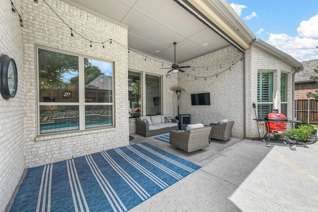 5705 Heron Dr E, Colleyville, TX 76034 - view of patio with ceiling fan, an outdoor hangout area, and grilling area