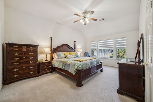 4003 Randall Ln, Carrollton, TX 75007 - bedroom with light carpet, vaulted ceiling, and ceiling fan