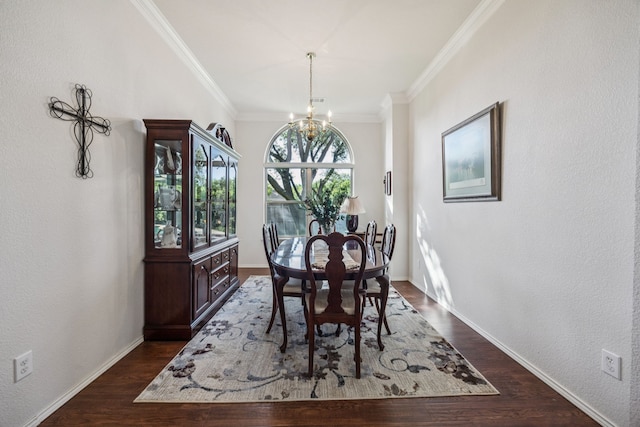4003 Randall Ln, Carrollton, TX 75007 - dining area featuring a chandelier, crown molding, and dark wood finished floors
