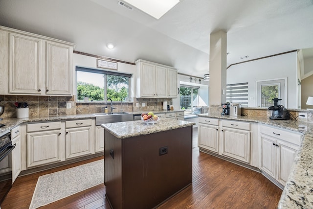 4003 Randall Ln, Carrollton, TX 75007 - kitchen with decorative backsplash, dark wood-type flooring, light stone countertops, and a center island