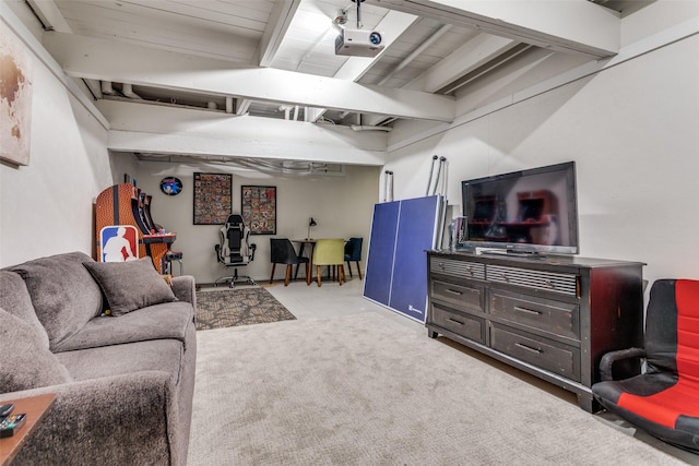 4105 Micki Lynn Ave, Fort Worth, TX 76107 - carpeted living room featuring a wood ceiling with exposed beams
