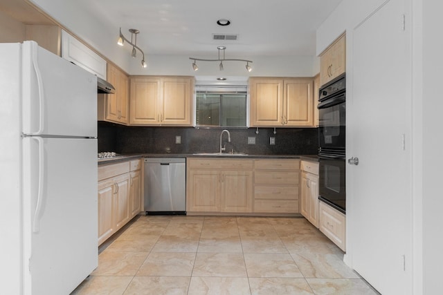 1705 Yorkshire Dr, Richardson, TX 75082 - kitchen with freestanding refrigerator, dishwasher, and light brown cabinets