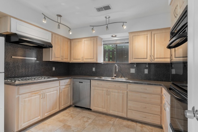 1705 Yorkshire Dr, Richardson, TX 75082 - kitchen with stainless steel appliances, light brown cabinetry, range hood, and dark countertops