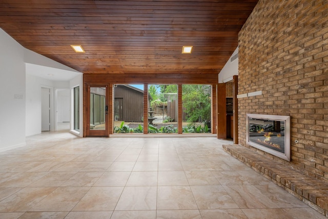 1705 Yorkshire Dr, Richardson, TX 75082 - unfurnished living room featuring lofted ceiling, wooden ceiling, and an outdoor brick fireplace