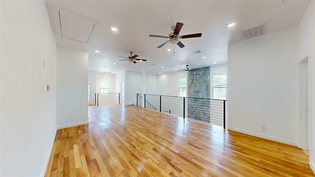 3418 Borger St, Dallas, TX 75212 - unfurnished room with attic access, light wood-type flooring, recessed lighting, and ceiling fan